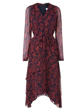 LK Bennett Navy Silk Dress with Red Floral Print Size 4 Long Sleeve